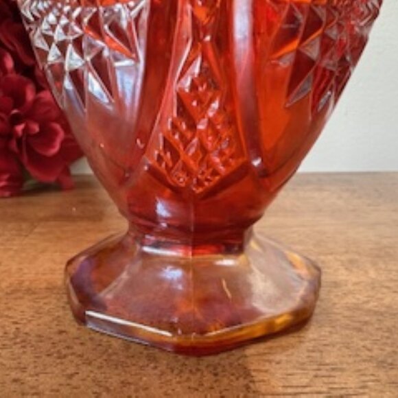Indiana Glass Ruby Red Carnival Glass Basket Vintage Diamond Point Sunburst Hand - Picture 6 of 6